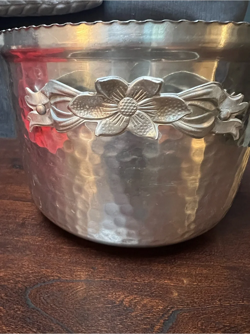 Vintage Hammered Aluminum Ice Bucket  Art Nouveau Rose Bud Floral Trim Handles